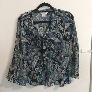 ALLISON TAYLOR Sheer Paisley Blue Black Ruffle Bow Blouse Top Women's Size M
